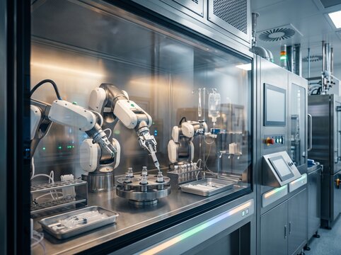 Automated sterile compounding pharmacy isolator robot preparing precise chemotherapy doses in a hospital pharmacy