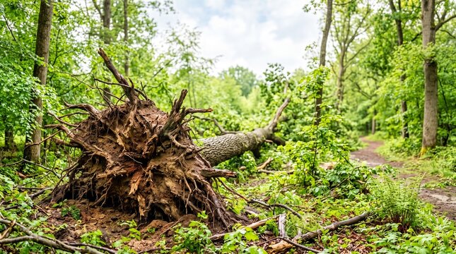 Uprooted trees after a storm in a lush forest landscape  