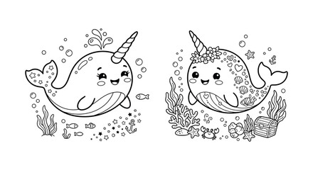 Narwhal illustrations with decorative elements black line art on white background © MdNirob