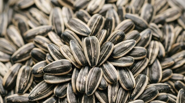 Close Up Background of Natural Striped Sunflower Seeds Showing Organic Texture and Pattern