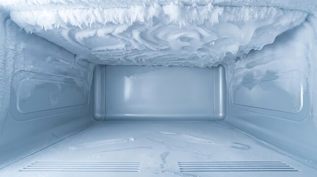 Heavy frost buildup covering interior ceiling and metallic walls of empty freezer compartment requiring urgent defrosting maintenance and appliance cleaning routine for kitchen
