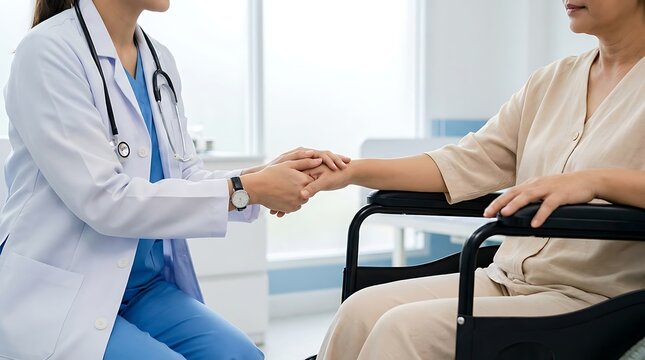 Compassionate female doctor holding hands with an elderly patient sitting in a black wheelchair inside a bright modern hospital room during medical consultation session