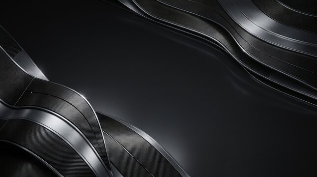 abstract dark carbon fiber background with metallic curved waves and blank space for your design text