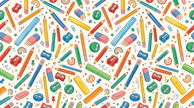 Seamless pattern with colorful school supplies and stationery items