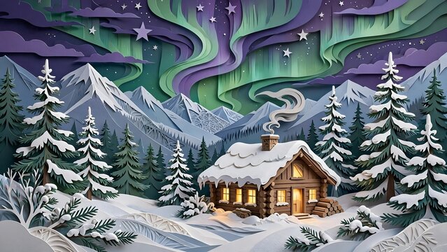Paper cut art of cozy cabin under northern lights with snowy pines, winter craft