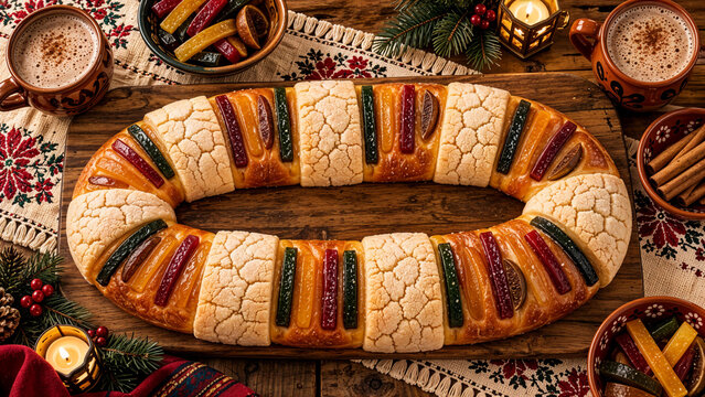 Rosca de Reyes tradicional mexicana en mesa festiva &mdash; Traditional Mexican Rosca de Reyes on festive table