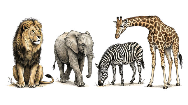 African wildlife illustration featuring a lion elephant zebra and giraffe
