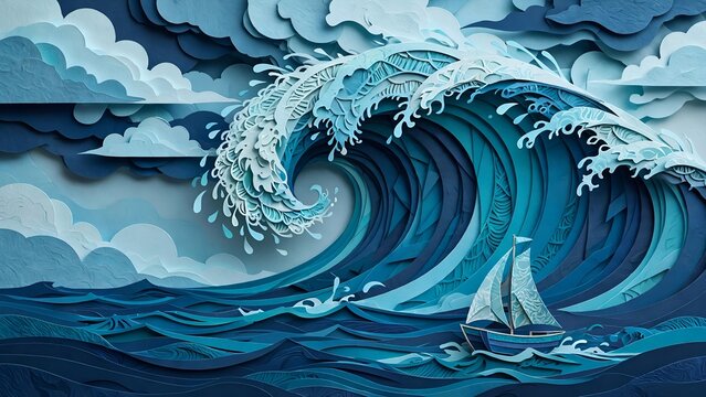 Paper cut art of ocean waves in blue layers with foam details, japanese style illustration