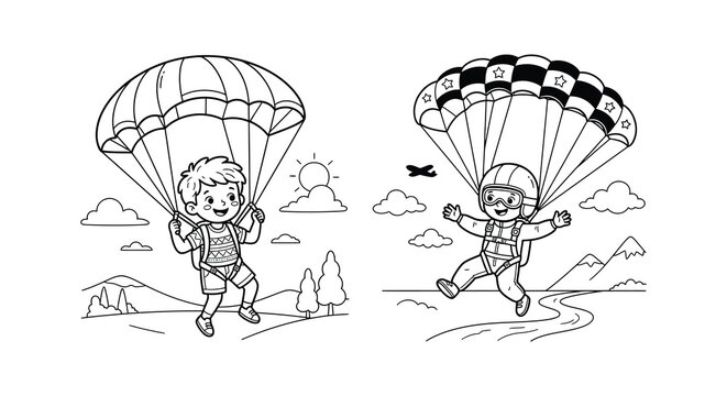 Two skydivers with parachutes descend against a scenic landscape vector illustration