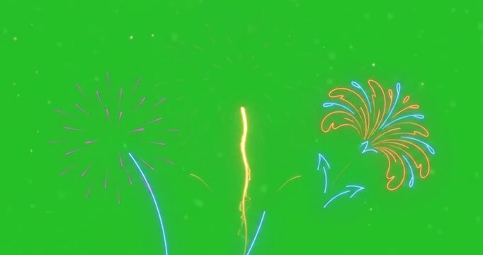 Glowing neon line art animation of fireworks burst on green screen