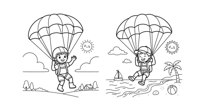 Two skydivers with parachutes descend against a scenic landscape vector illustration