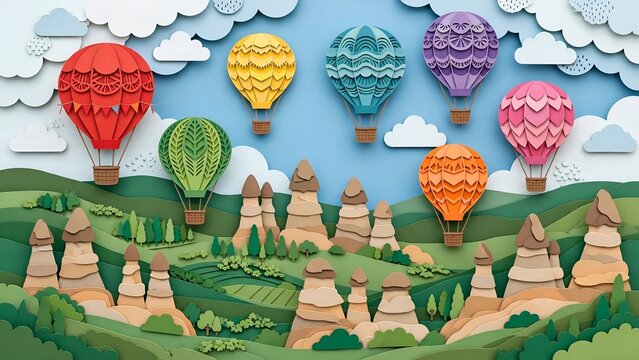 Paper cut art of hot air balloons floating over green valley, layered paper craft