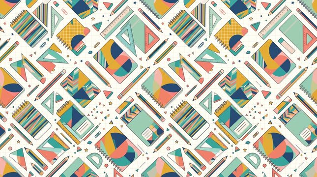 Colorful school supplies pattern with notebooks and pencils