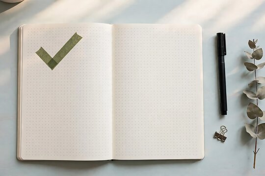 An open notebook with a dotted grid pattern on the pages, featuring a green check mark made of masking tape, a black pen, and a small eucalyptus branch