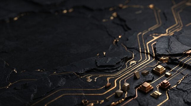 abstract microchip design with gold circuits embedded in dark rock texture representing modern technology and innovation