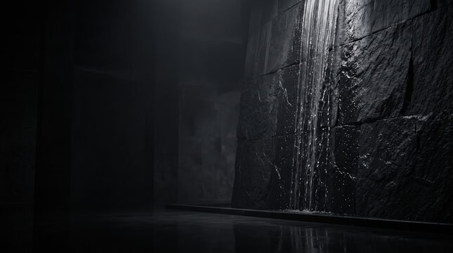 water falling down a dark stone wall inside a dimly lit interior space with shadows and mist