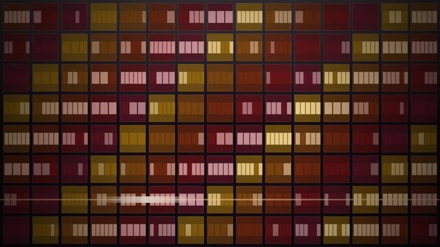 Animated grid of glowing rectangles forming a looping digital mosaic pattern on a dark backdrop.