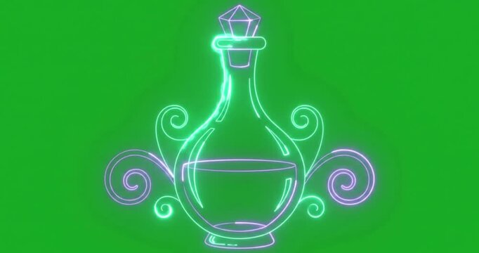 Glowing neon line art animation of magic potion bottle on green screen