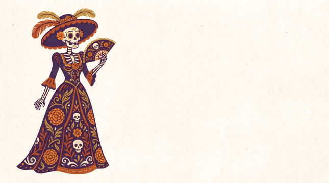 Elegant skeletal lady wearing ornate purple dress and feathered hat holding decorative folding fan against light textured background for celebration