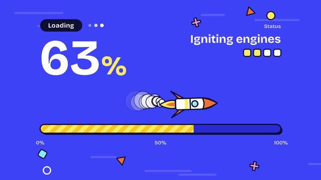 Animated rocket loading bar on blue background for website interface