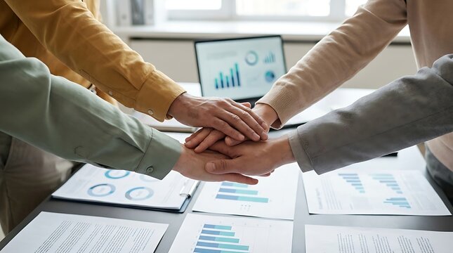 Professional business team stacking hands together over office desk covered with financial charts and corporate documents during productive meeting session