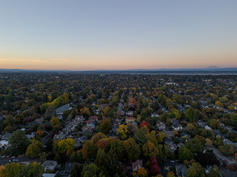 Aerial view of a residential neighborhood featuring colorful autumn trees, houses, and a clear sunset sky, Portland, Oregon, United States.