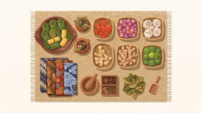 Indonesian cooking spices and bumbu dapur vector flat lay with red chili shallots garlic and batik cloth.