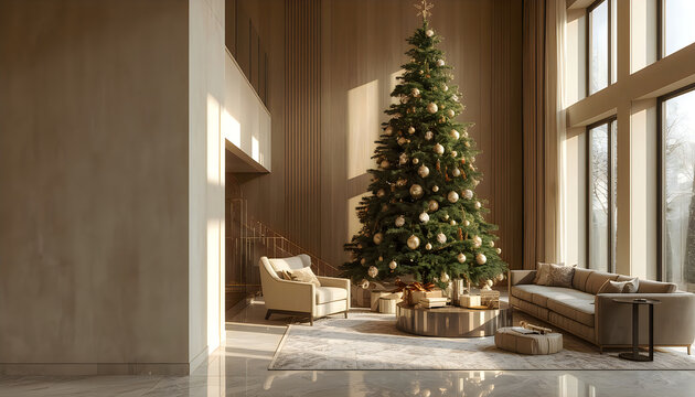 Modern luxury living room interior featuring decorated green christmas tree.