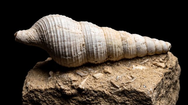 Fossilized turritella sea snail shell specimen preserved on limestone rock   