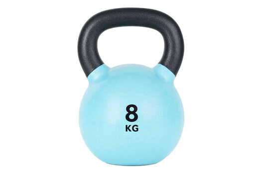 Light blue and black 8 kg kettlebell weight isolated on transparent background for fitness workout