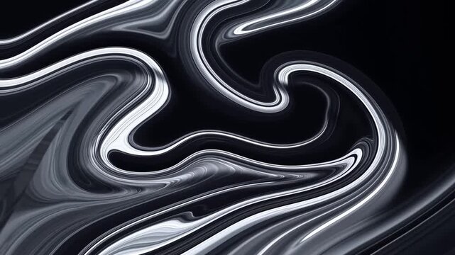 Silver and white abstract bands form layered, winding curves on a dark background