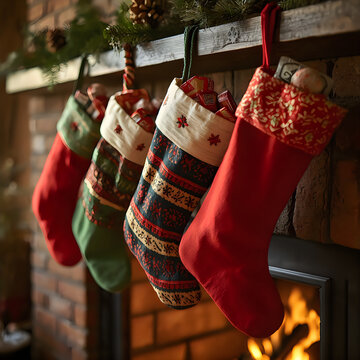 Red and green Christmas stockings hang on fireplace mantel with warm glow.