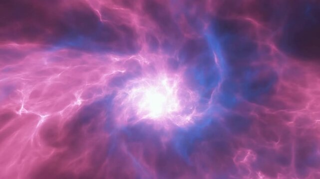 Bright nebula radiates from a central glow amid pink and blue interstellar clouds
