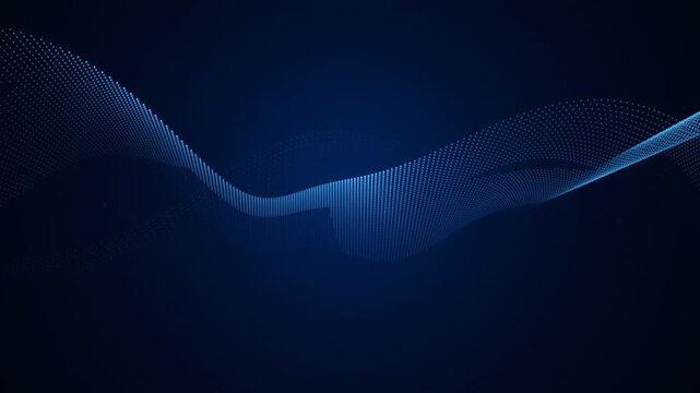 Abstract glowing blue lines wave and twisted dotted ribbon flowing on dark background in 4k seamless loop