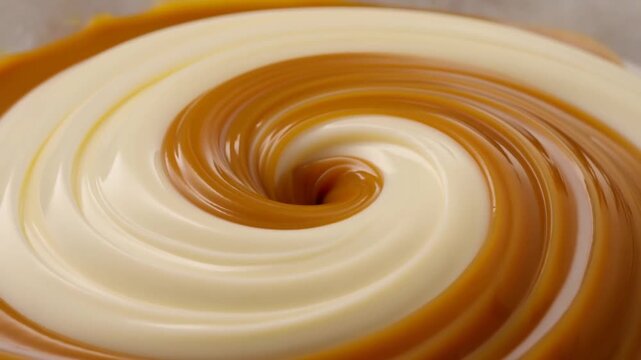 Caramel and cream form glossy spiral layers in a closeup dessert mixture