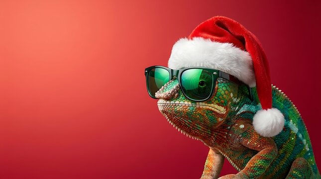 Vibrant colorful chameleon wearing festive red santa hat and trendy sunglasses posing against minimalist solid background during winter holiday season celebration