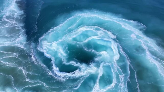 Ocean waves swirl into a foamy circular eddy across deep blue water from overhead