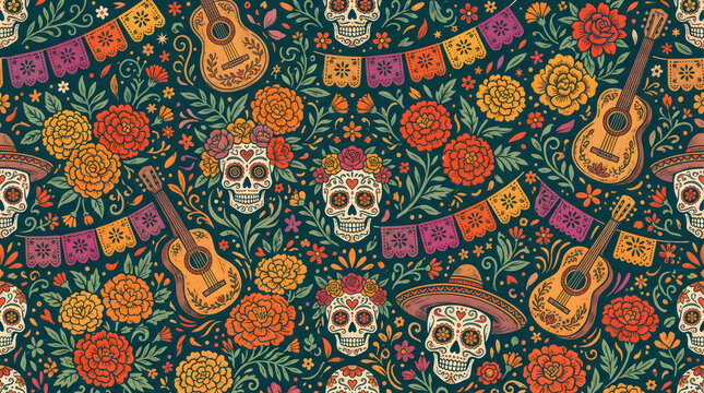 Vibrant mexican dia de los muertos seamless pattern featuring traditional sugar skulls, marigold flowers, festive acoustic guitars, colorful papel picado banners, and ornate floral motifs.