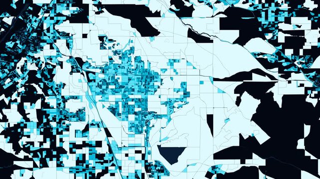 4K Spatial Growth Simulation of US Census Blocks of Moreno Valley, California (Northern Riverside Basin & Perris Valley) - High-Contrast Cyan GIS Polygons on Dark Background