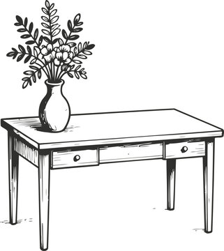 wooden table with drawers and vase of flowers on top, vintage hand drawn illustration