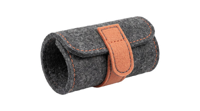 Grey felt pen pouch organizer with a brown leather strap