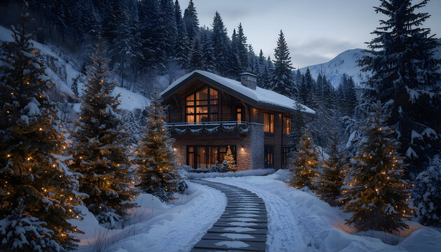 Wooden mountain cabin illuminated with warm lights at night in winter forest.