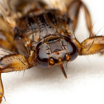 Extreme Macro Frontal Portrait of Deer Ked (Lipoptena cervi) Head Showing Piercing Proboscis and Compound Eyes