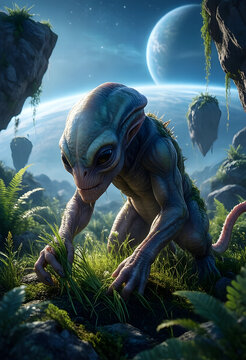 extraterrestrial life and alien exploration, mysterious creature touching grass on an exotic planet with floating islands and a large moon in space