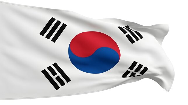 Waving flag of south korea with traditional taegeuk symbol and black trigrams