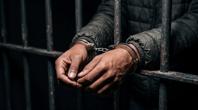 Handcuffed prisoner hands holding metal bars in dark jail cell