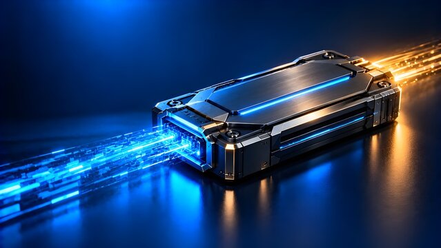 Futuristic data storage device transmits glowing blue laser beams, symbolizing high speed network communication and cloud transfer