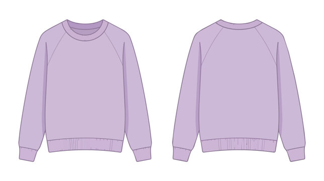 Blank Purple Raglan Sweatshirt Pullover Technical Drawing Front and Back View Mockup for Fashion Apparel Design