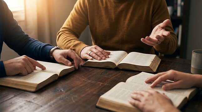 Dedicated diverse group of men gathered together around a dark wooden table studying holy scripture books during an indoor morning study session gathering