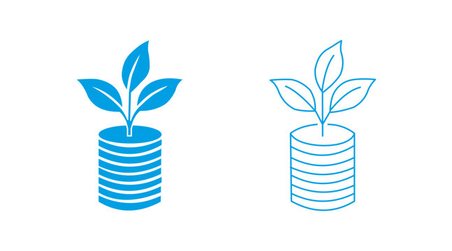 Financial growth concept with plant sprouting from stacks of coins isolated on white